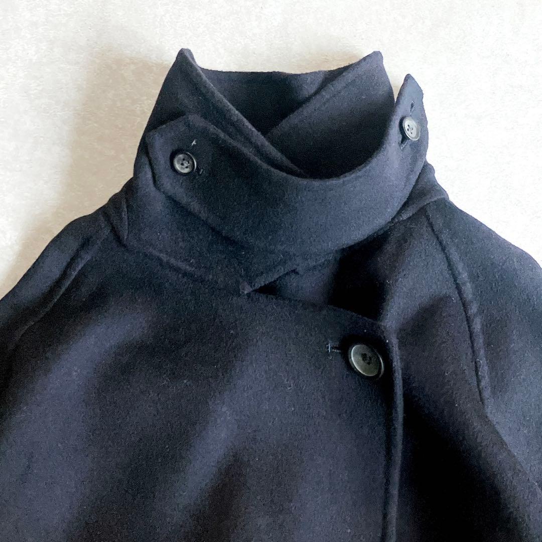 美品 ビューティー&ユース ウールリバーポンチョコート 紺 ケープ オケージョン